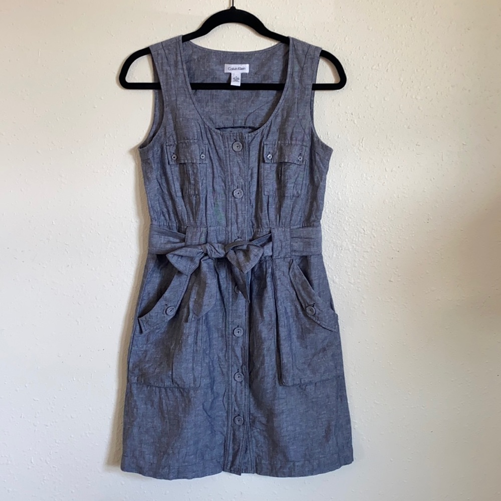 Cute blue Calvin Klein button-down shirt dress w pockets.